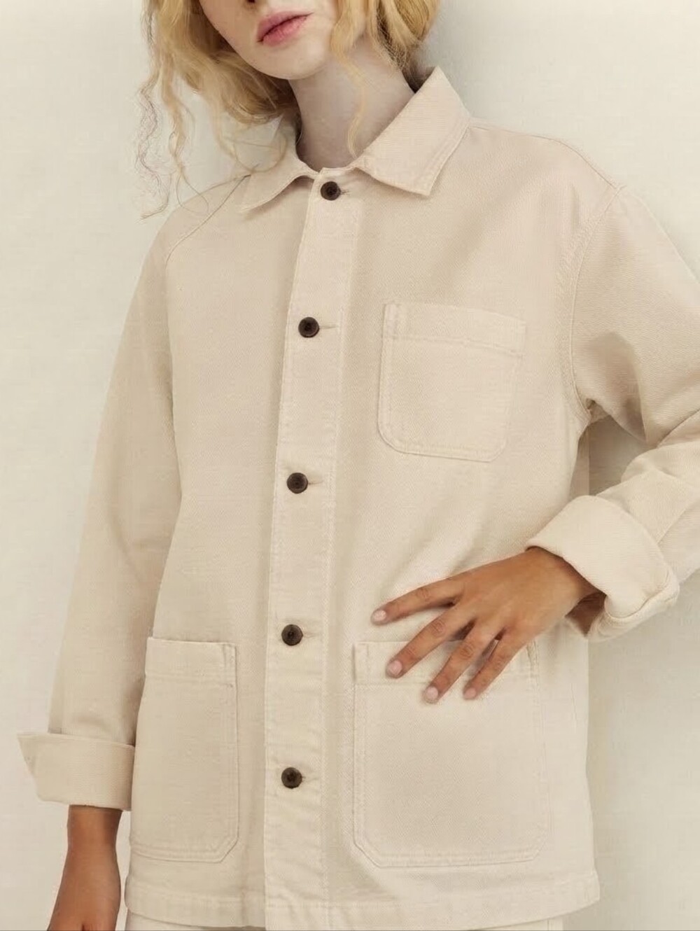 H&M Cream White Chore Utility Button-Down Cotton Shirt Jacket Men's Large